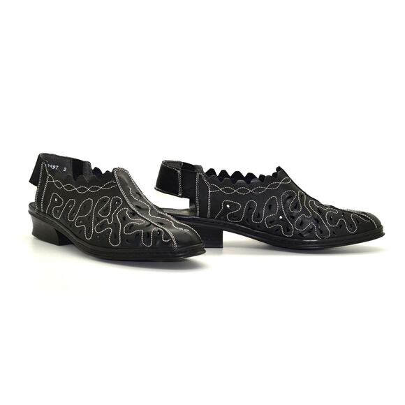 A5 Auth RIEKER ANTISTRESS Black Embroidered Laser Cut Leather Slingbacks Size 39 - Picture 1 of 6